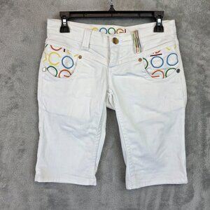 Coogi Bermuda Shorts Womens 1/2 White Denim Rainbow Embroidered Logo Y2K